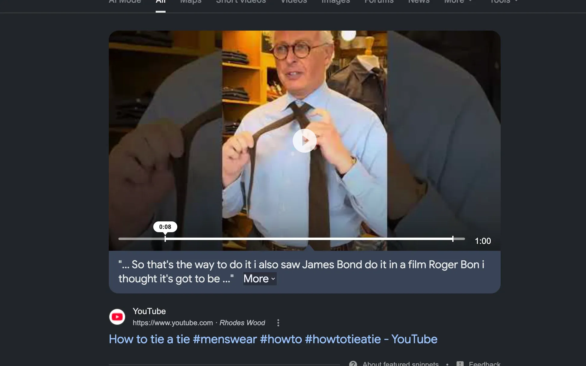 Video featured snippet for "how to tie a tie" rendered above organic results, with Google's "About featured snippets" attribution